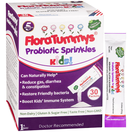 FloraTummys probiotic sprinkles scoop demonstrates easy dosing for busy mornings.