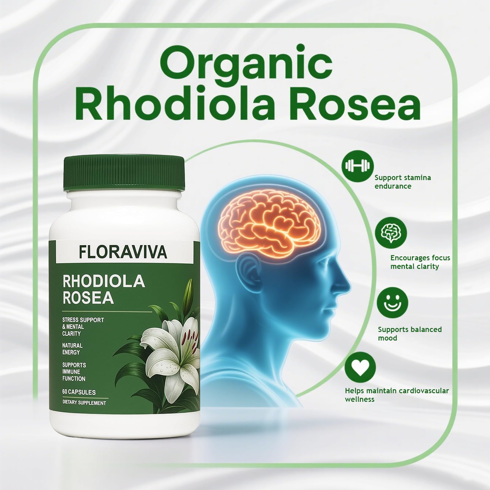 Floraviva Rhodiola bottle pour demonstrating smooth energy support