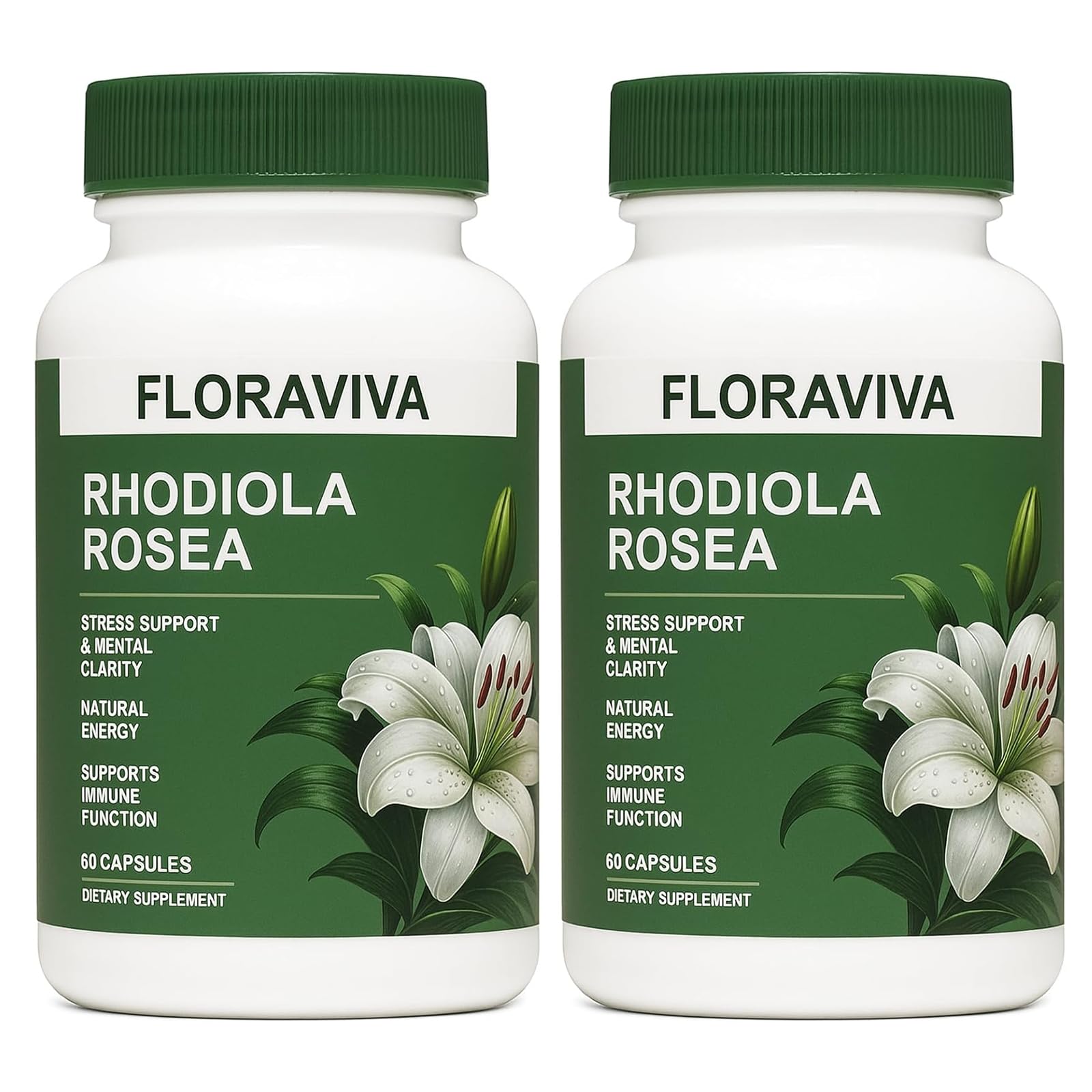 Floraviva Rhodiola bottle showcasing 500 mg capsules for stress support