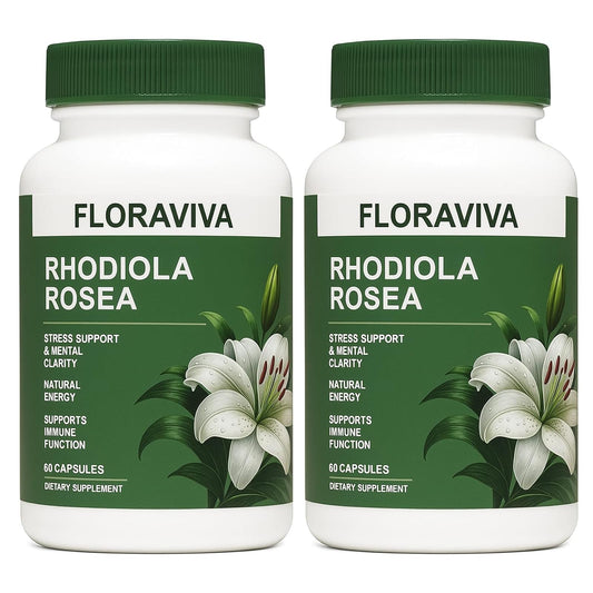 Floraviva Rhodiola bottle showcasing 500 mg capsules for stress support