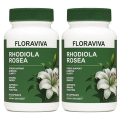 Floraviva Rhodiola bottle showcasing 500 mg capsules for stress support
