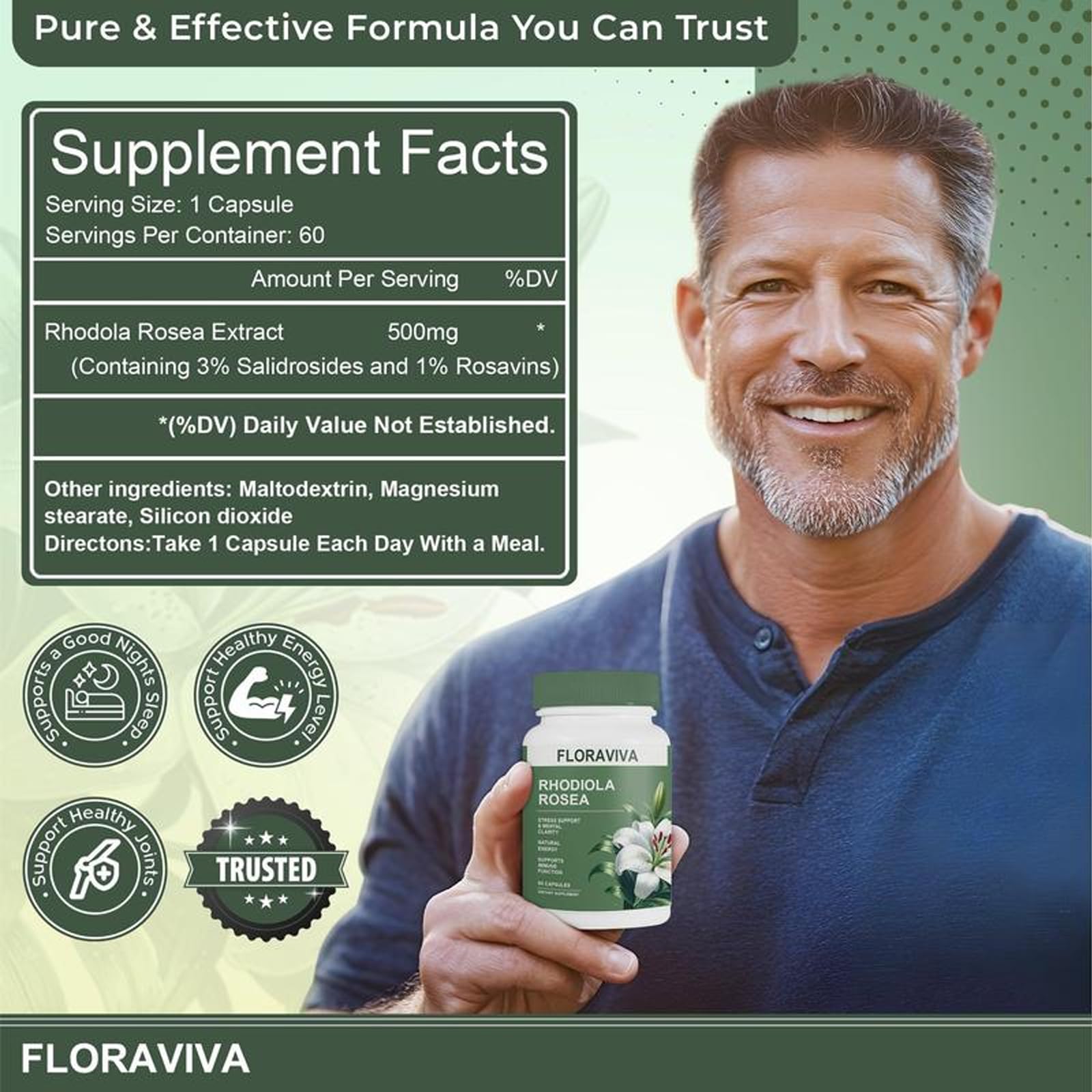 Rhodiola capsules close-up highlighting standardized 3% Rosavins for focus