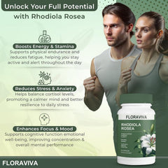 Floraviva Rhodiola capsules in hand for daily calm and focus