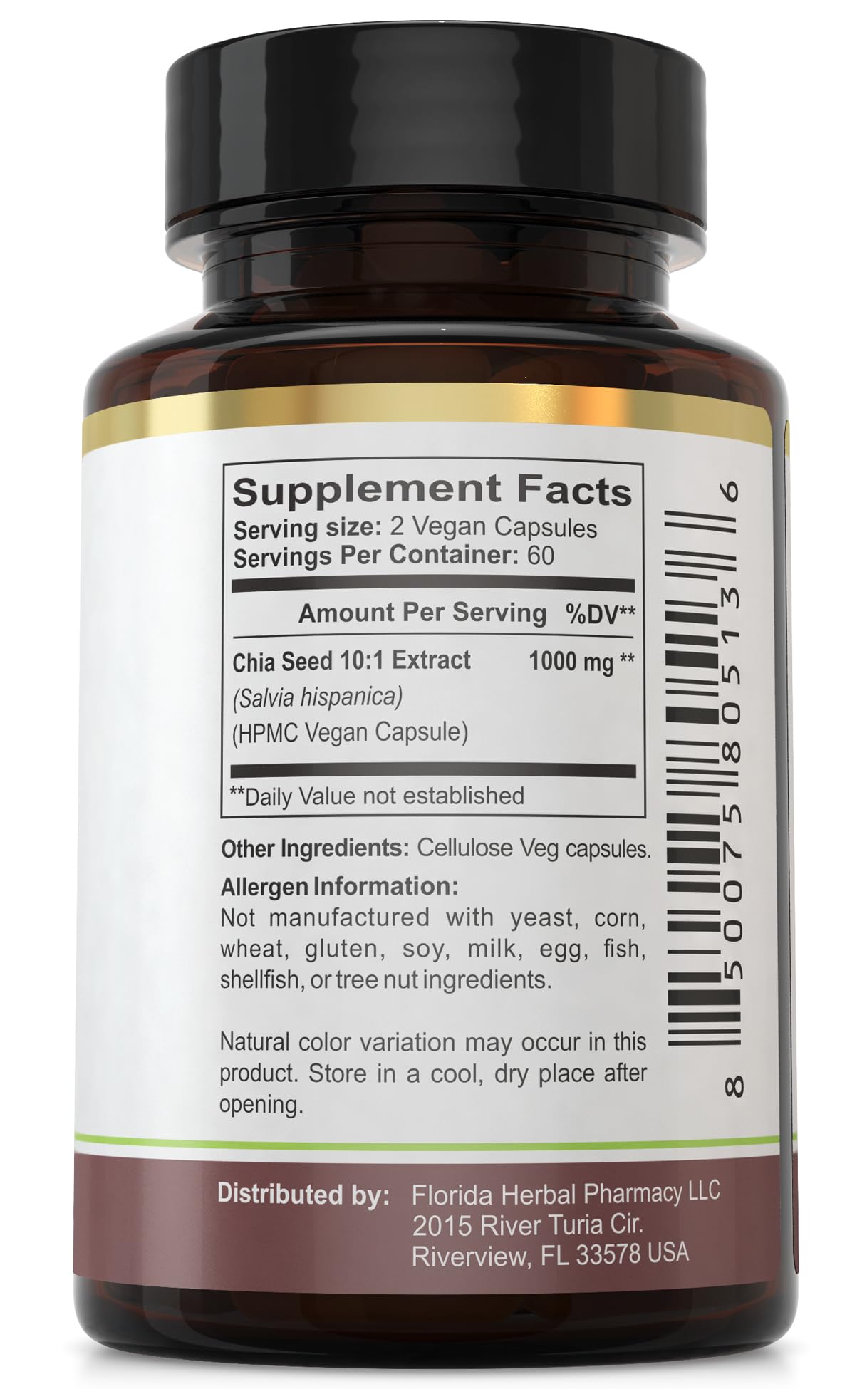 Florida Herbal Pharmacy chia seed extract capsules dosing, suggesting 1-2 capsules after meals.