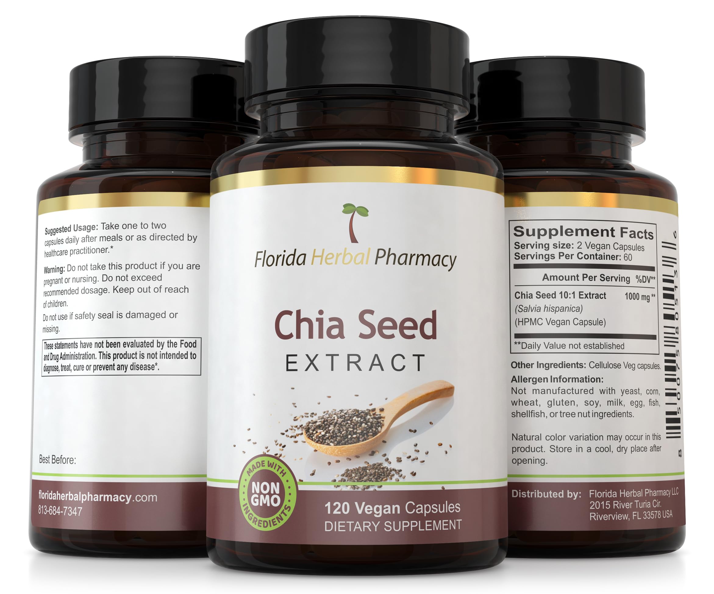 Florida Herbal Pharmacy chia seed extract capsules GMP seal, emphasizing quality and third-party testing.