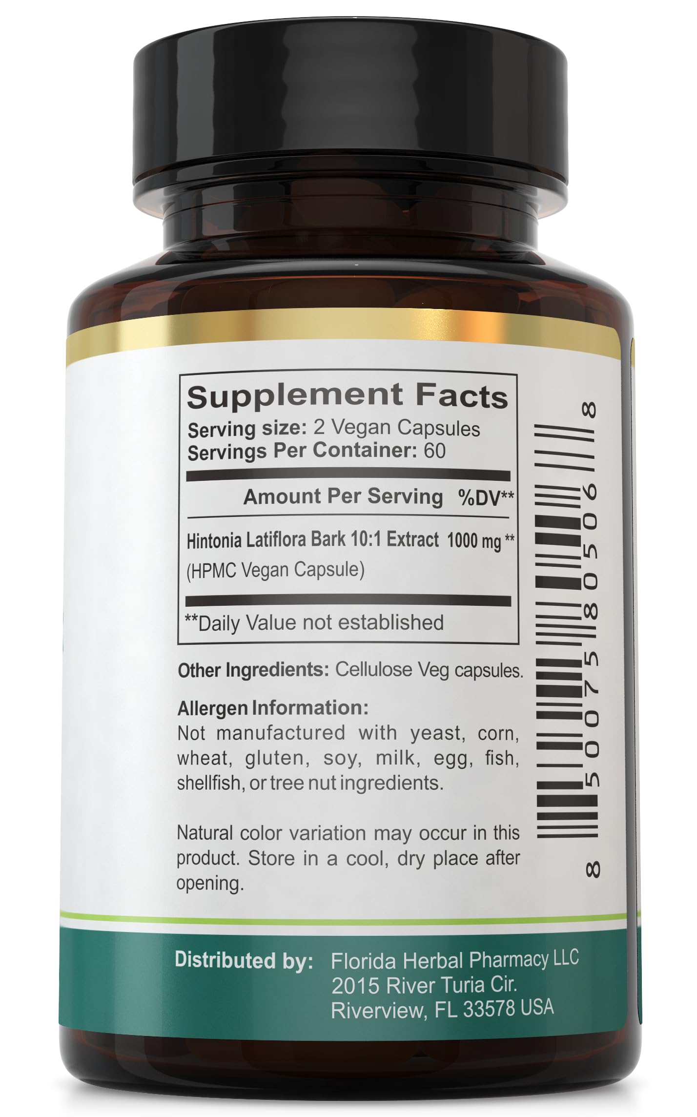 Florida Herbal Pharmacy Hintonia Latiflora label detail highlighting GMO-free formulation.