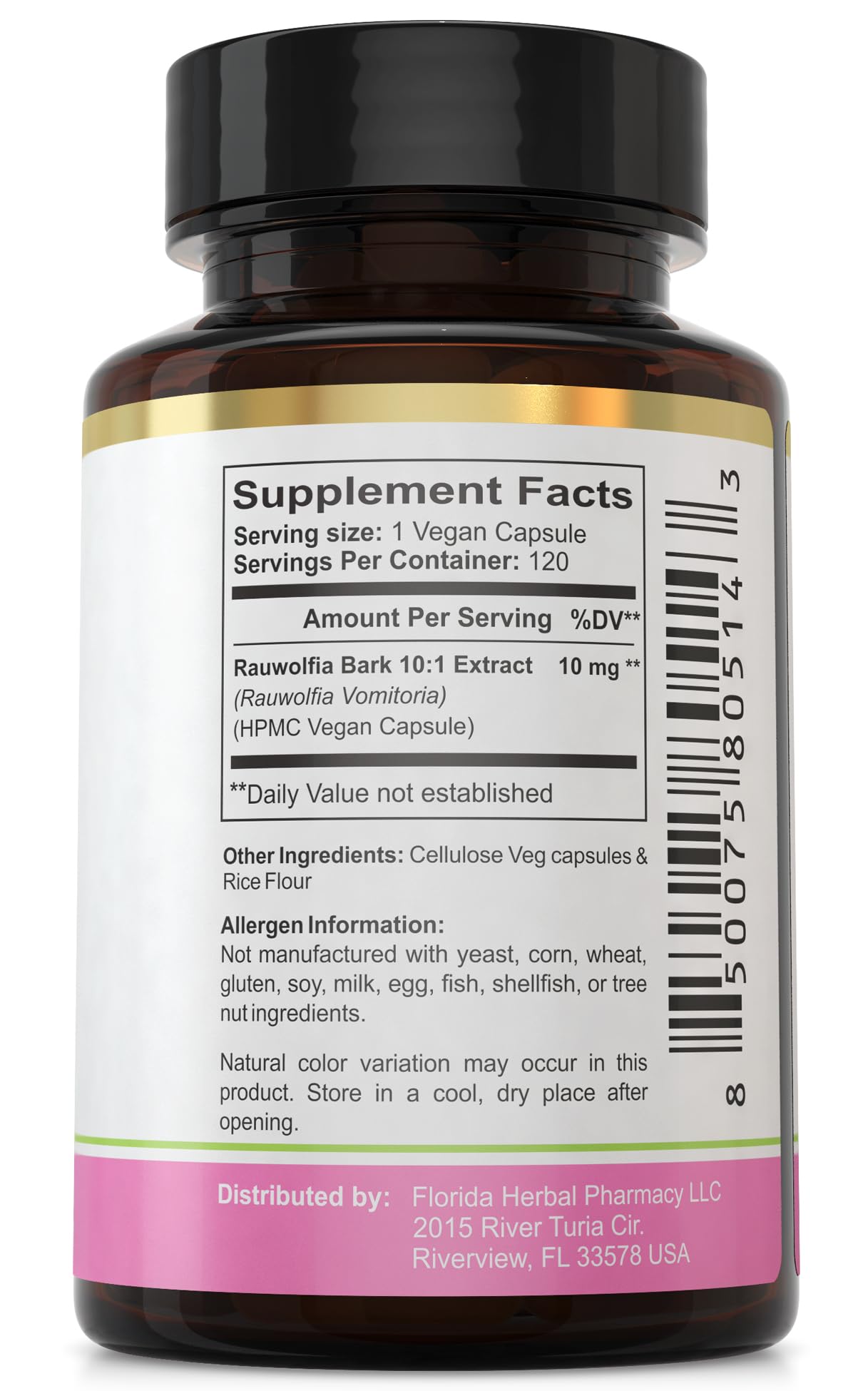 Front packaging of Florida Herbal Pharmacy rauwolfia extract capsules with product details