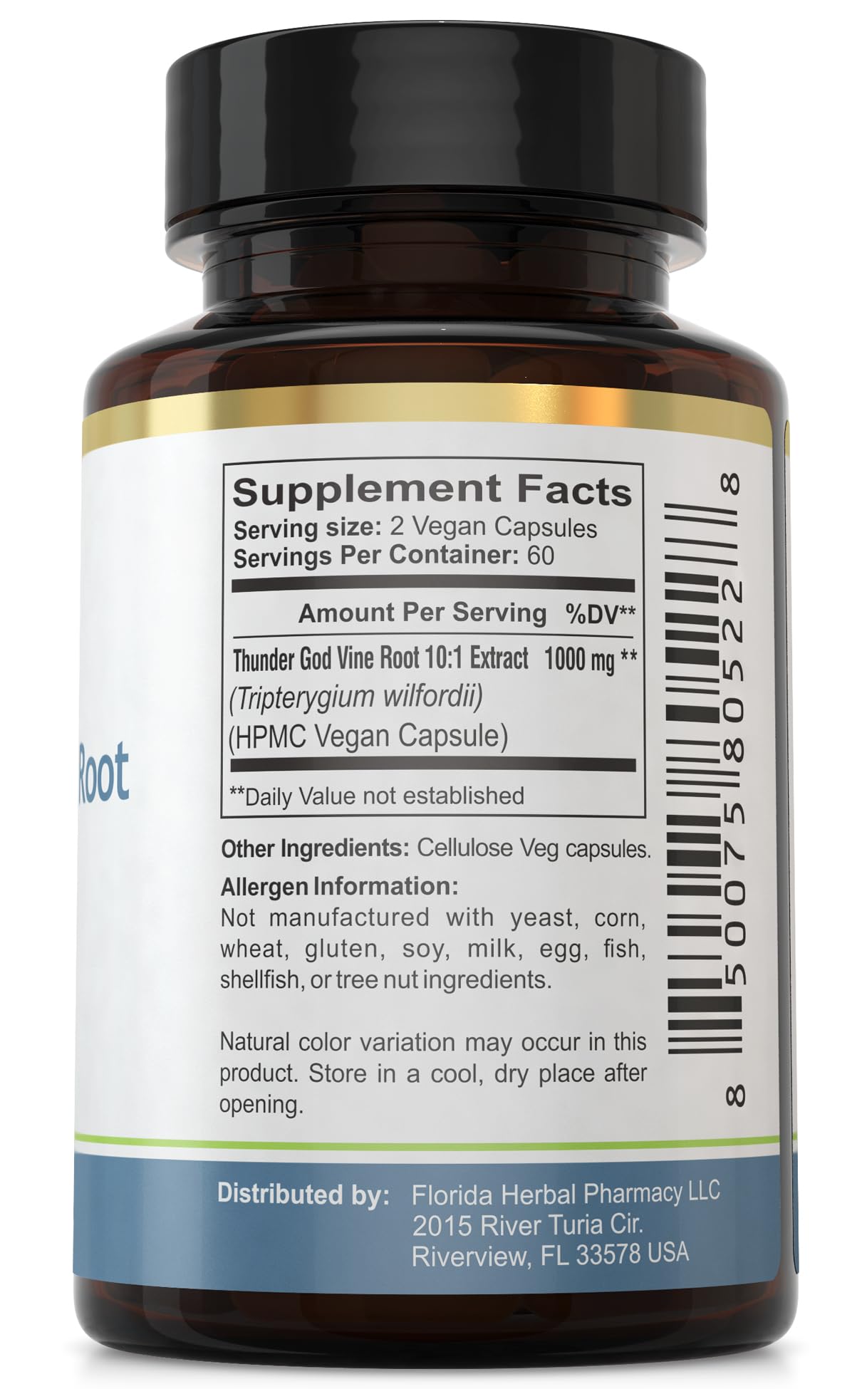 Florida Herbal Pharmacy Thunder God Vine Root Extract bottle, label visible for quick dosage reference.