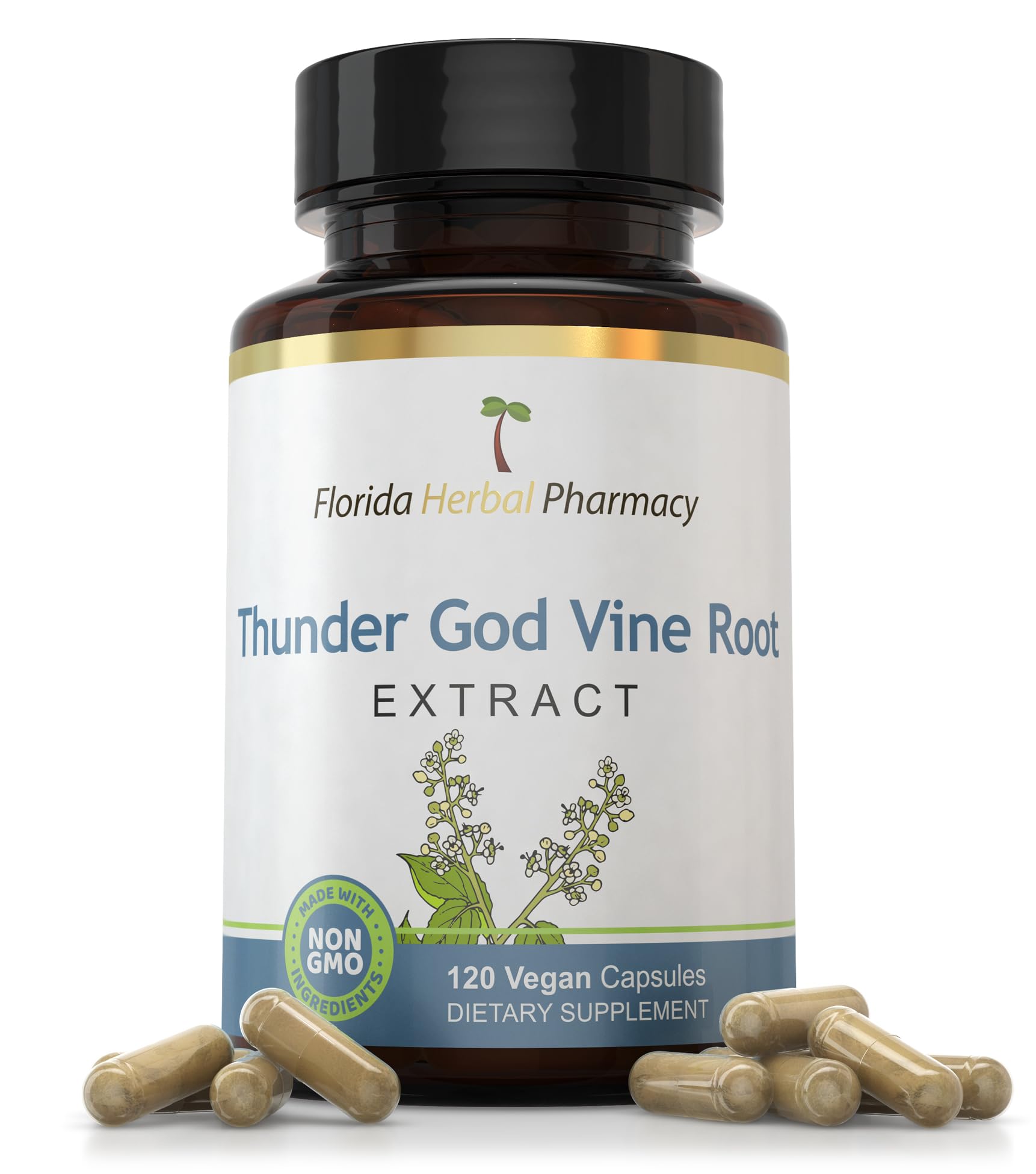 Florida Herbal Pharmacy Thunder God Vine Root Extract capsules closeup, highlighting daily 1000 mg serving.