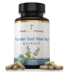 Florida Herbal Pharmacy Thunder God Vine Root Extract capsules closeup, highlighting daily 1000 mg serving.