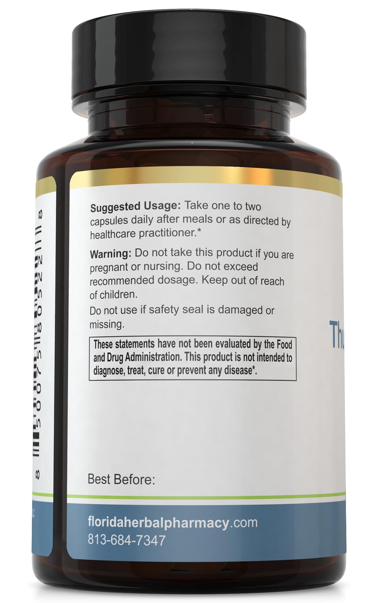 Florida Herbal Pharmacy Thunder God Vine Root Extract bottle closeup, showing 10:1 concentrate.