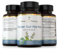 Florida Herbal Pharmacy Thunder God Vine Root Extract capsules on shelf, GMP quality and third-party tested.