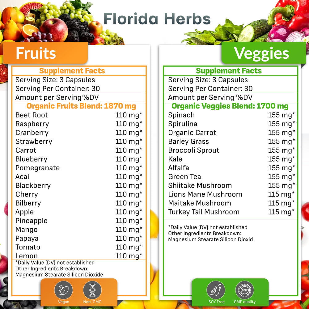 Florida Herbs fruit and veggie capsules closeup highlighting vegan soy-free formula