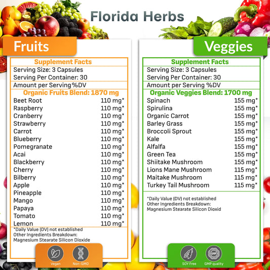 Florida Herbs fruit and veggie capsules closeup highlighting vegan soy-free formula