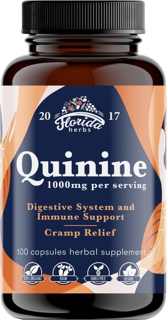 FLORIDA HERBS Quinine bottle label highlights vegan, non-GMO formula