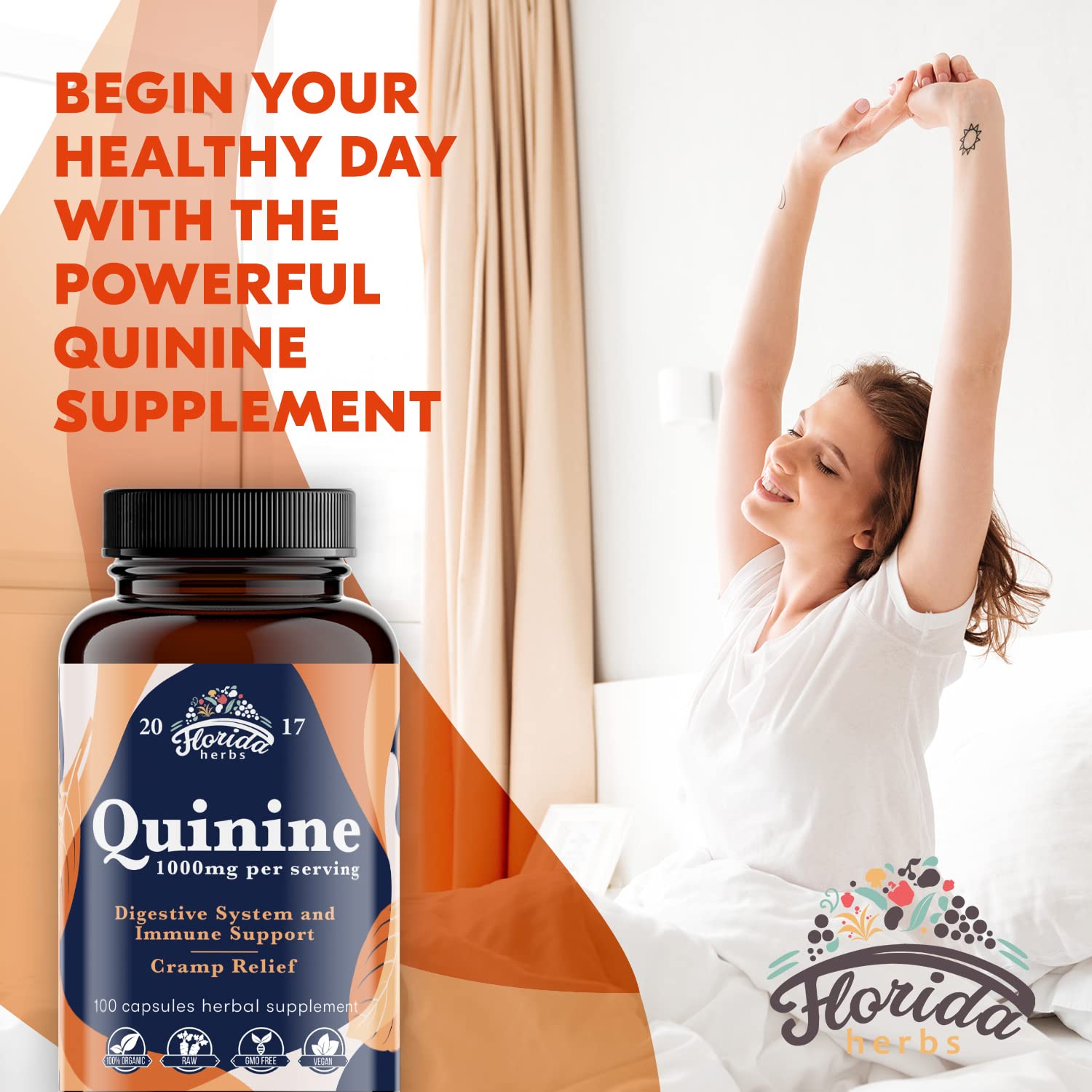 FLORIDA HERBS Quinine capsules close-up with cinchona bark