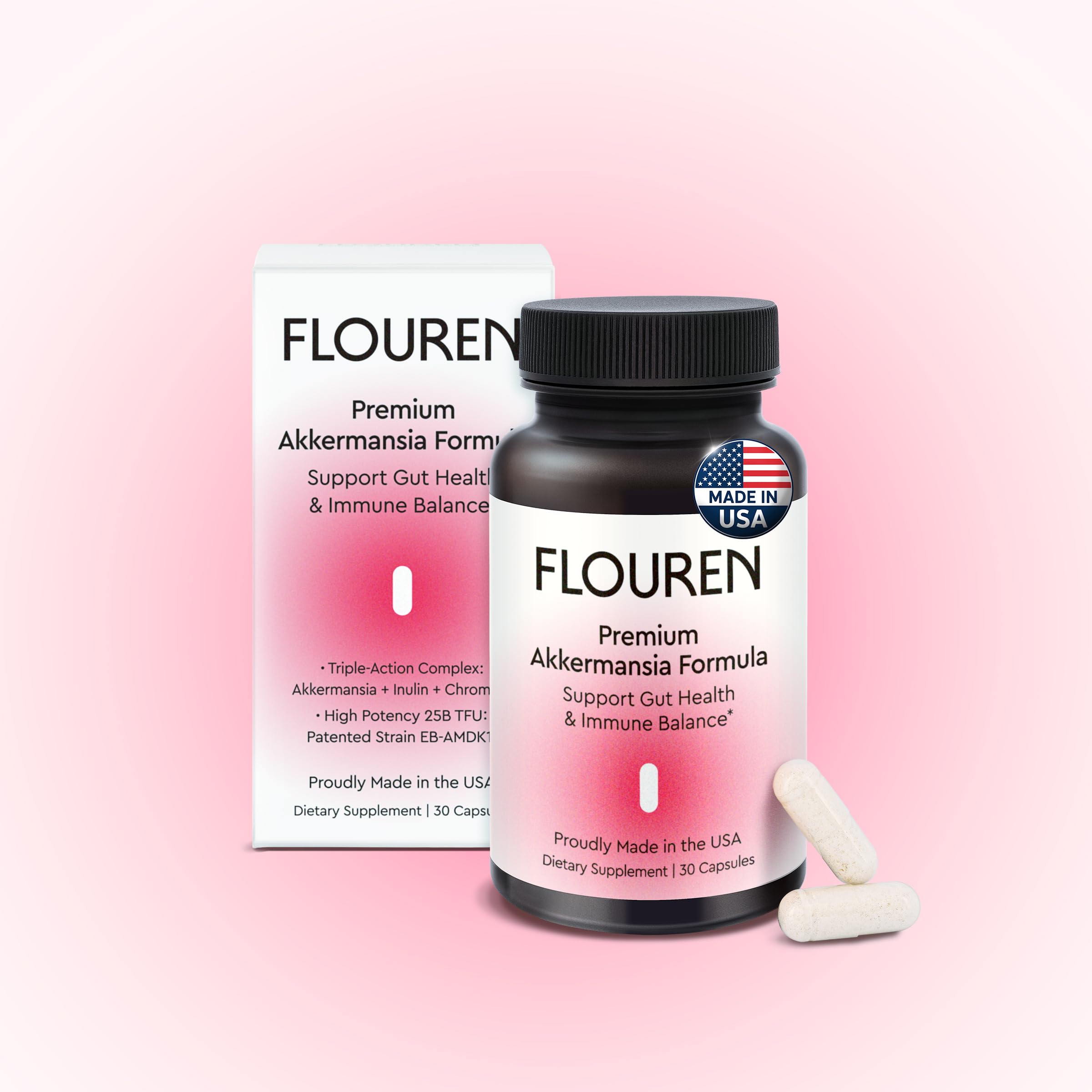FLOUREN Gut Health bottle label closeup emphasizing Akkermansia EB-AMDK19 for immune balance.
