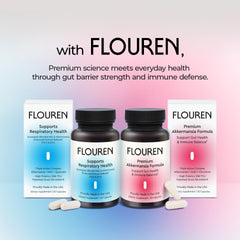 FLOUREN Gut Health bottle pouring spoon showing convenient serving for daily wellness.