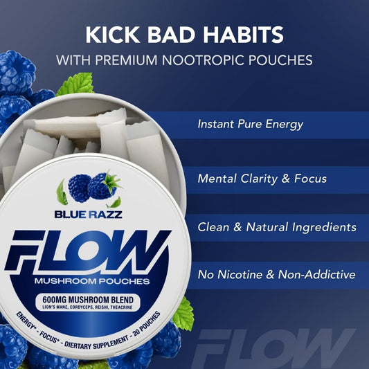 Flow Pouches Blue Razz can back detailing mushroom blend and ingredients.