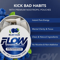 Flow Pouches Blue Razz can back detailing mushroom blend and ingredients.