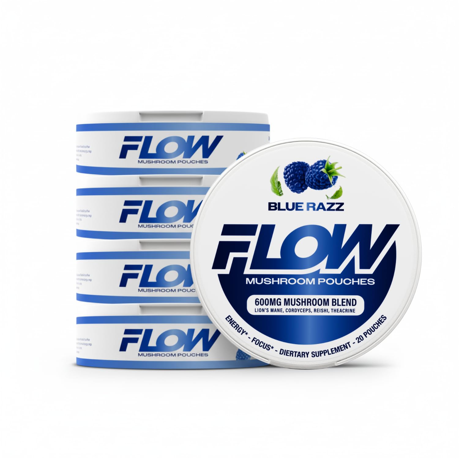 Flow Pouches Blue Razz can front showing caffeine-free energy for focus.