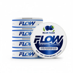Flow Pouches Blue Razz can front showing caffeine-free energy for focus.