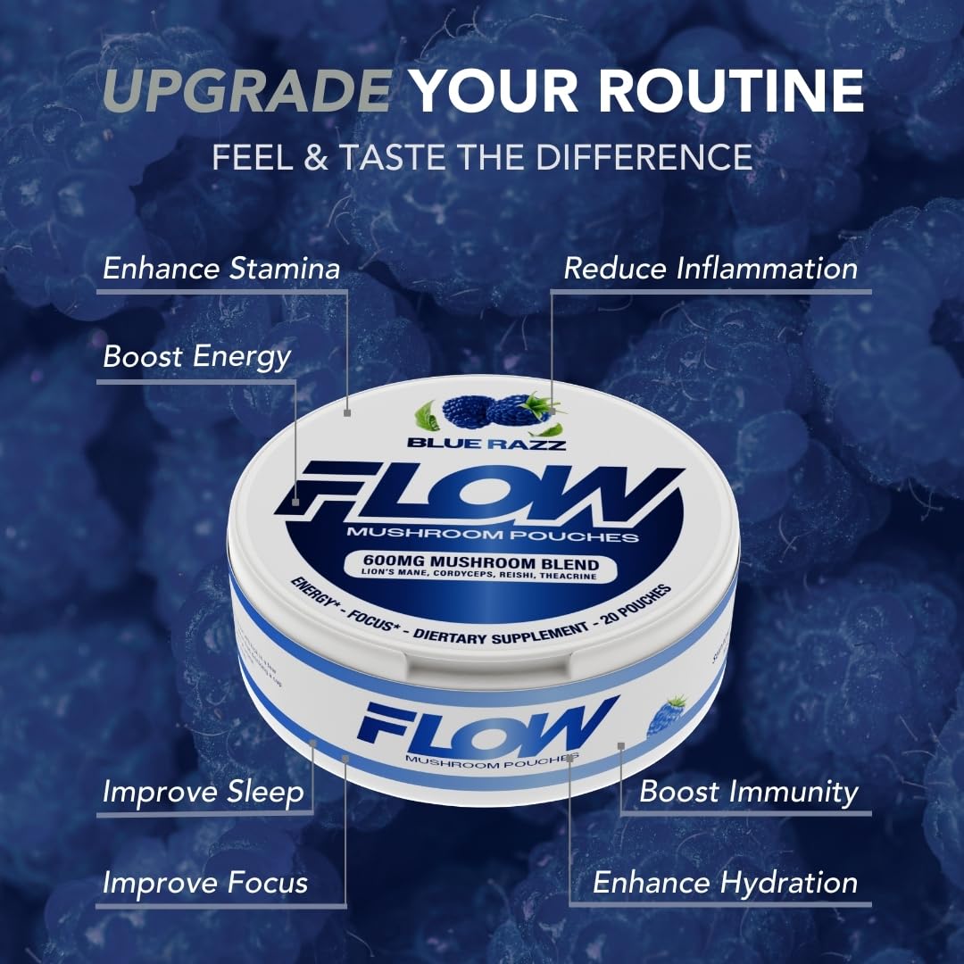 Flow Pouches mushroom blend close-up highlights Lion’s Mane, Reishi, Cordyceps.