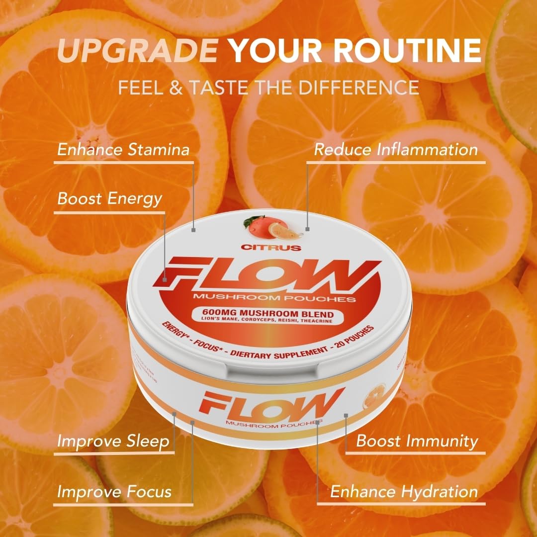 Flow Pouches mushroom nootropic citrus ingredients-icons highlight Lion's Mane, Reishi, Cordyceps
