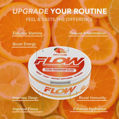 Flow Pouches mushroom nootropic citrus ingredients-icons highlight Lion's Mane, Reishi, Cordyceps