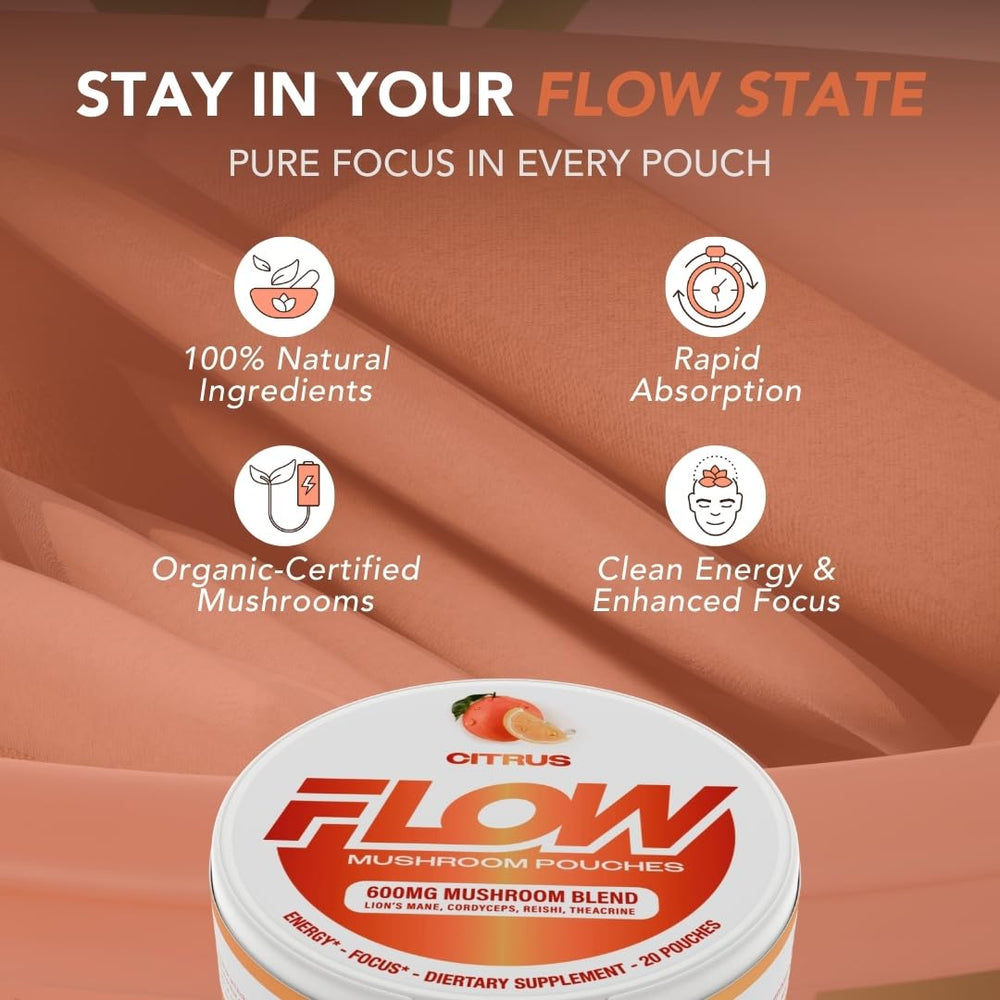 Flow Pouches mushroom nootropic citrus label-detail features premium ingredients