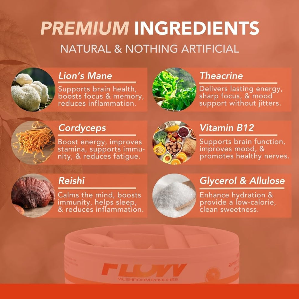 Flow Pouches mushroom nootropic citrus pack-on-desk demonstrates quick focus option