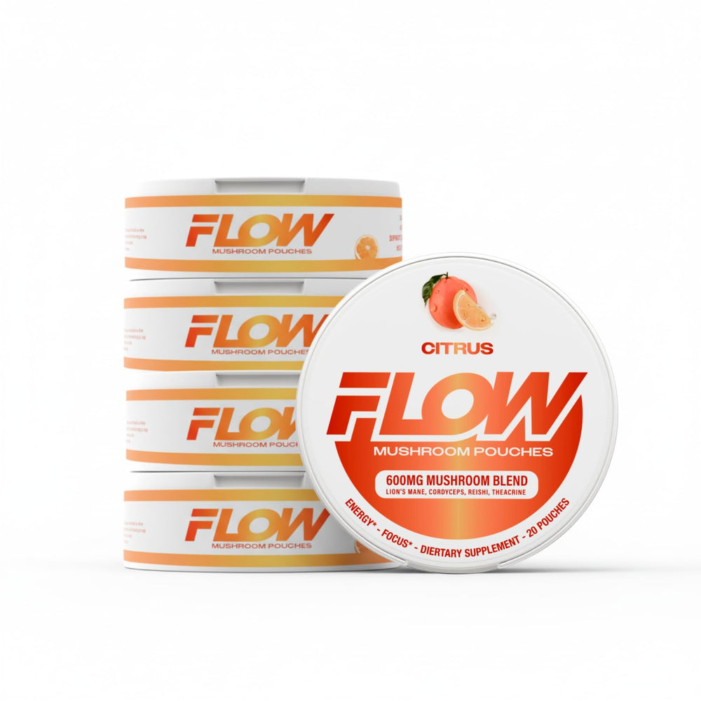 Flow Pouches mushroom nootropic citrus pack-shot highlighting caffeine-free focus on the go