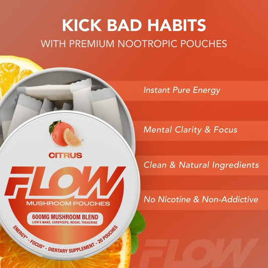 Flow Pouches mushroom nootropic citrus pouch-closeup shows smooth texture for discreet use