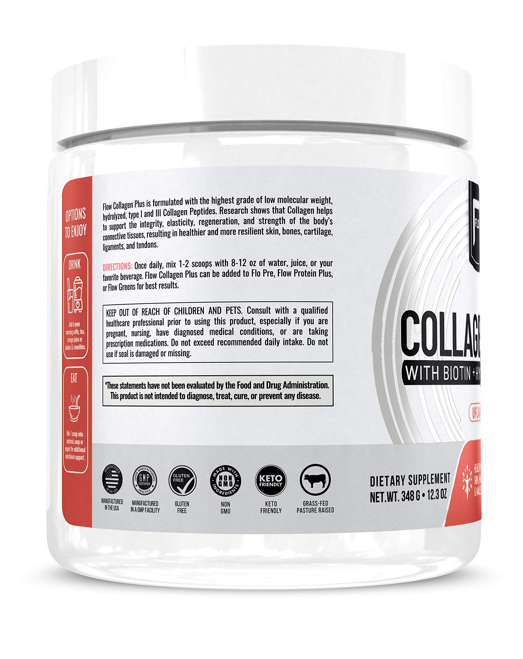 Flow Supps collagen powder scoop shows precise serving for consistent intake.