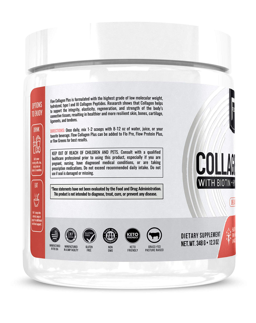 Flow Supps collagen powder scoop shows precise serving for consistent intake.