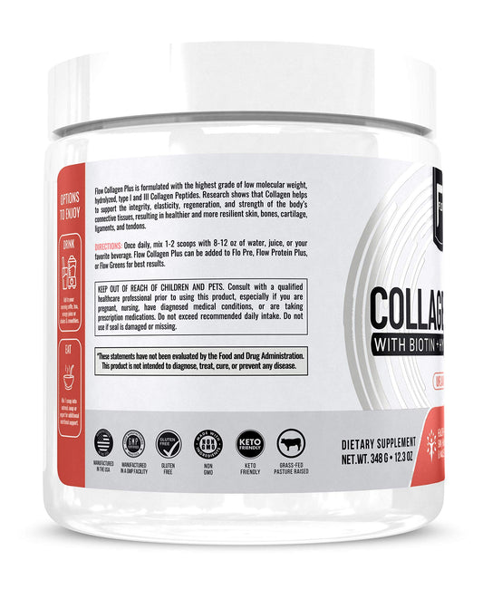 Flow Supps collagen powder scoop shows precise serving for consistent intake.