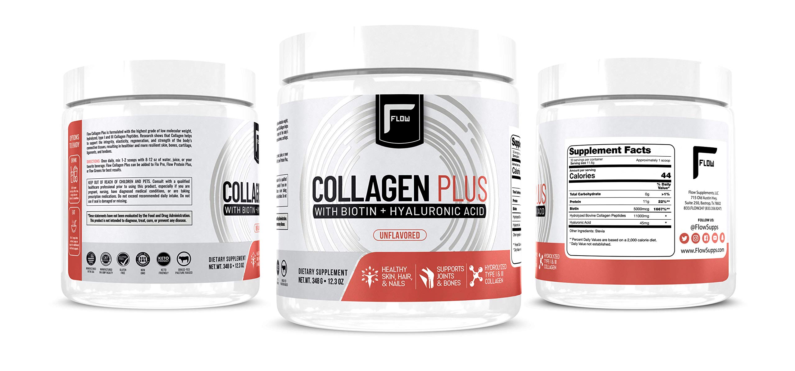 Flow Supps multi collagen type I and III information visual on label.