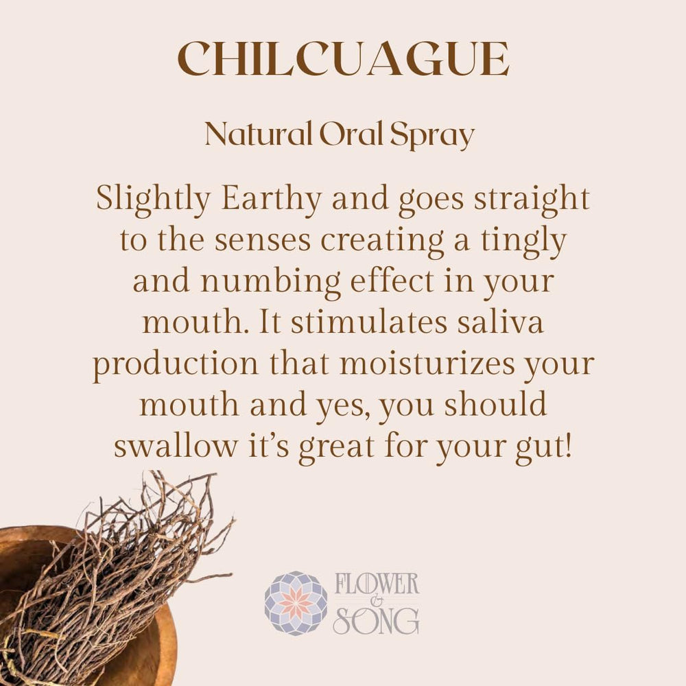 Flower and Song Chilcuague spray bottle on desk showing easy daily use.