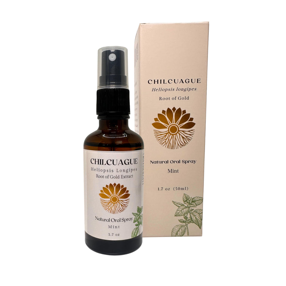 Chilcuague natural spray bottle close-up highlighting natural ingredients and mint aroma.