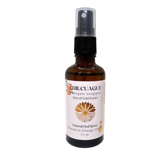 Flower & Song Chilcuague oral spray bottle for on-the-go throat relief.