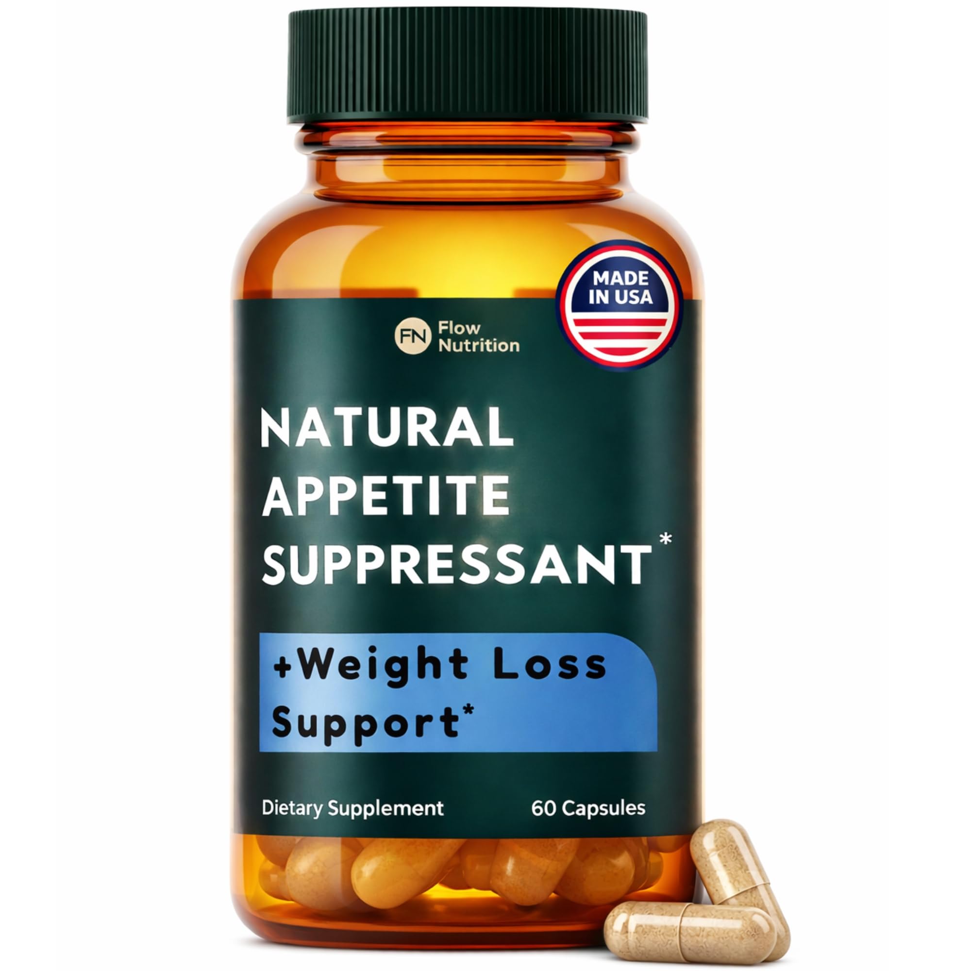 FLOWNUTRITION appetite suppressant bottle demonstrates non-stimulant satiety support