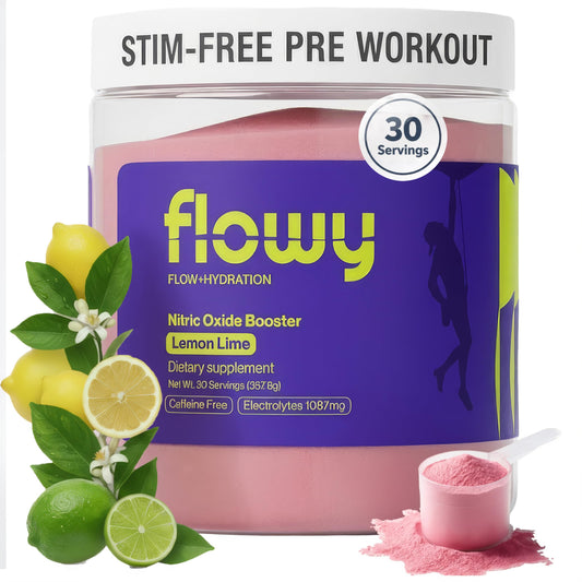 Flowy Stim Free lemon-lime bottle ready for workouts