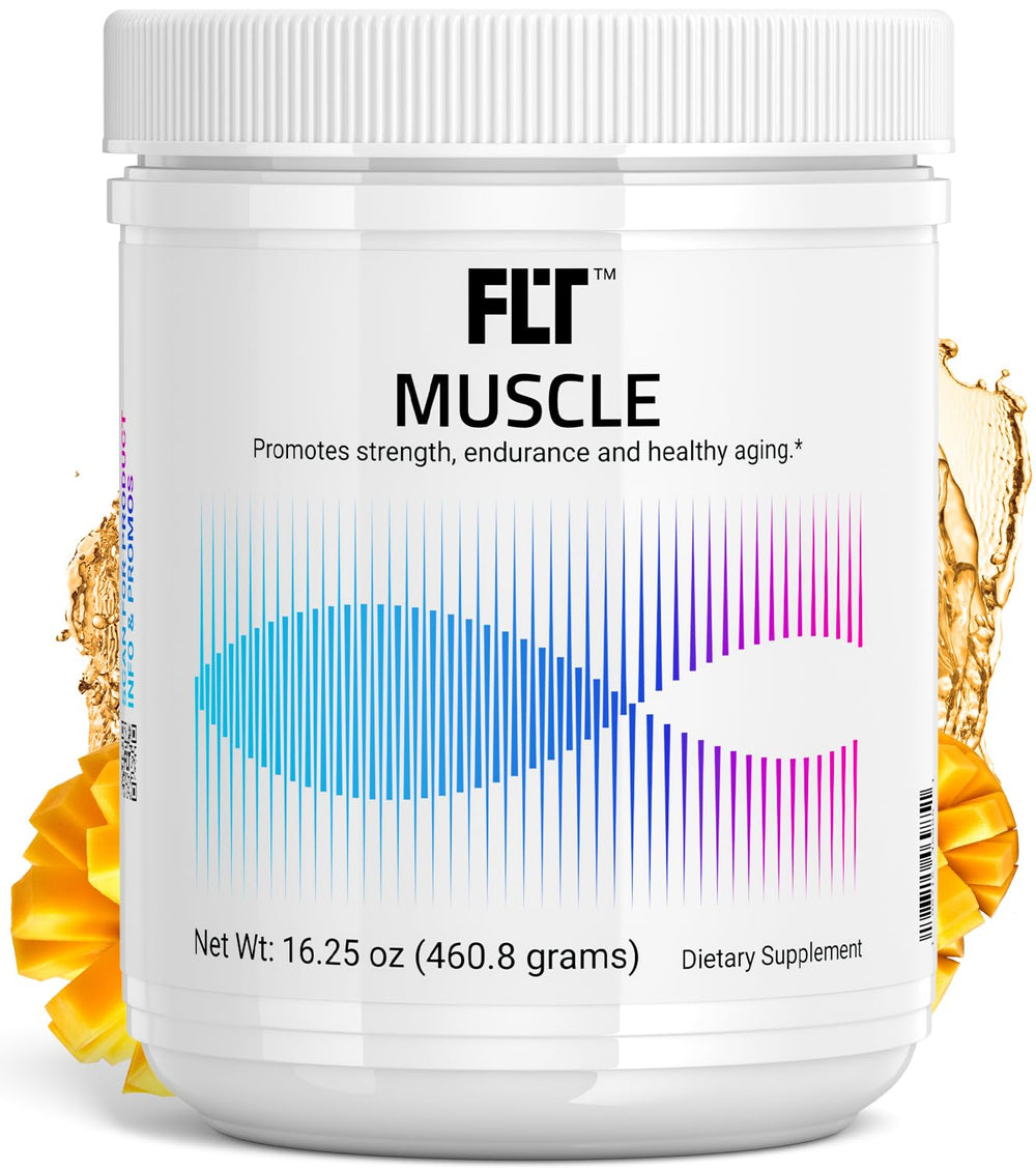 FLT Muscle bottle label featuring PeptiStrong for workout performance support.
