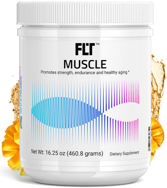 FLT Muscle bottle label featuring PeptiStrong for workout performance support.
