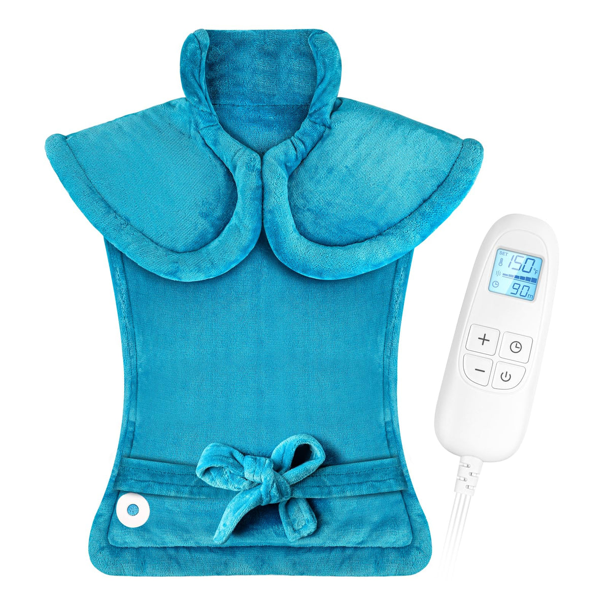 FluffyWarmth large wearable heat pad on body for targeted neck, shoulder, back relief.