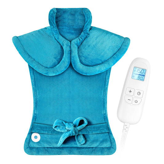 FluffyWarmth large wearable heat pad on body for targeted neck, shoulder, back relief.