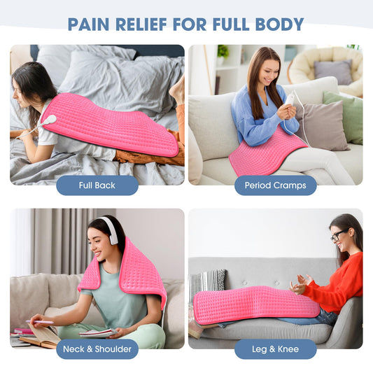 FluffyWarmth heating pad on neck and shoulders delivering targeted warmth.