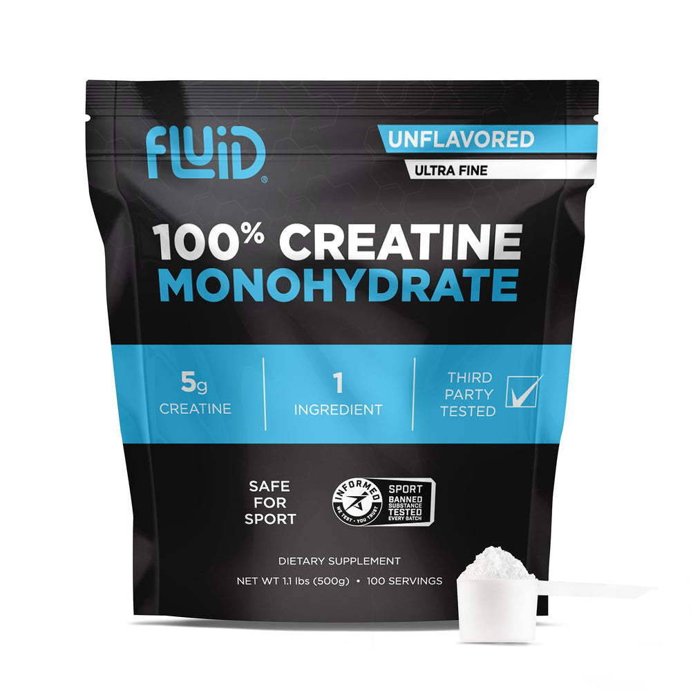 Fluid Creatine front pouch showing the unflavored powder for quick mixing.