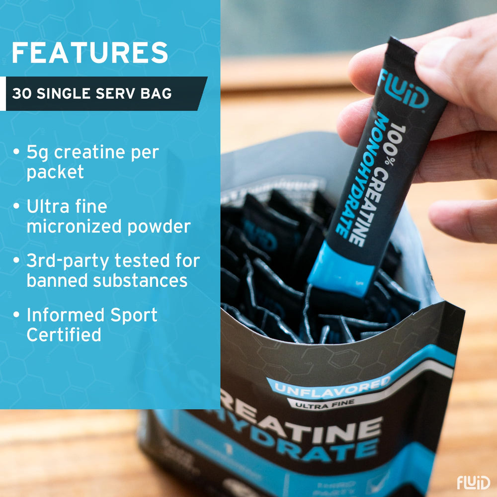 Fluid Creatine stick-pack close-up highlights convenient single-serving format.