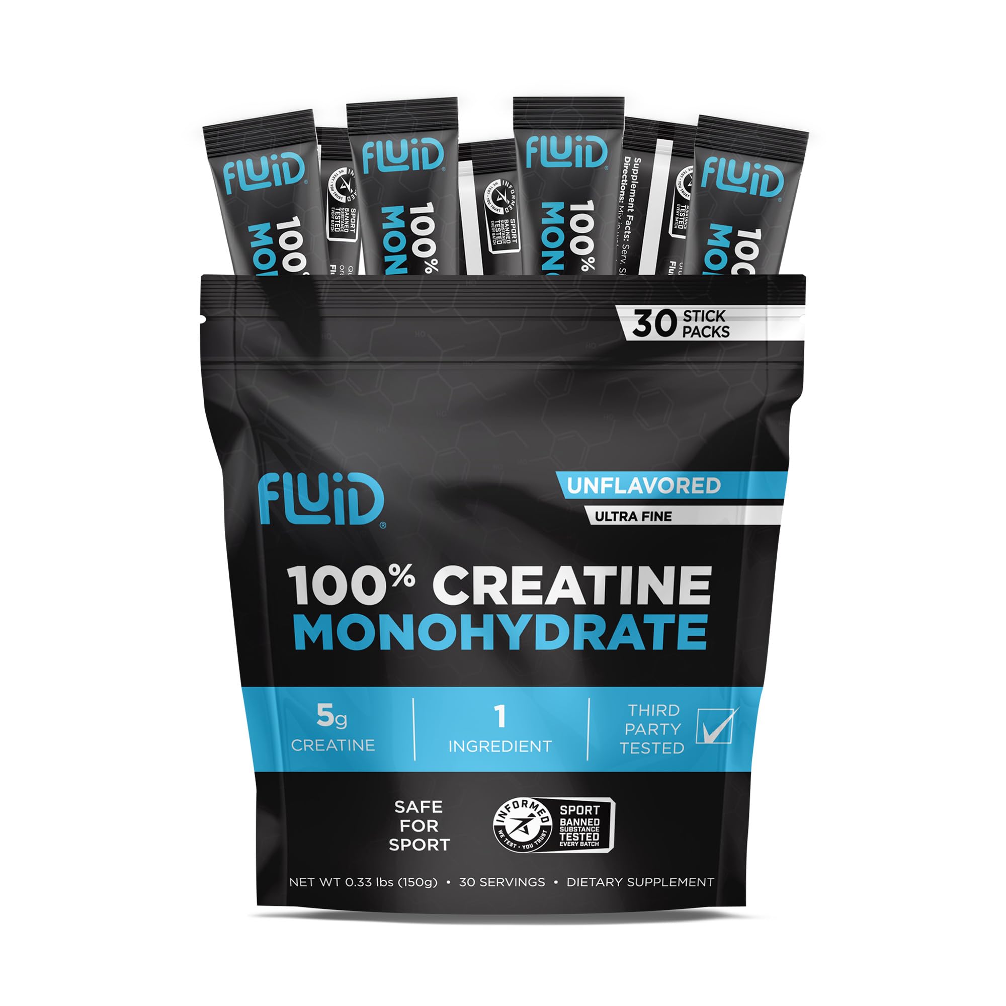 Fluid Creatine travel stick pack shown, convenient for on-the-go supplementation and consistent daily dosing.